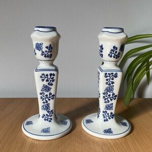 Vintage Pier 1 Imports White and Blue Floral Ceramic Candle Holders